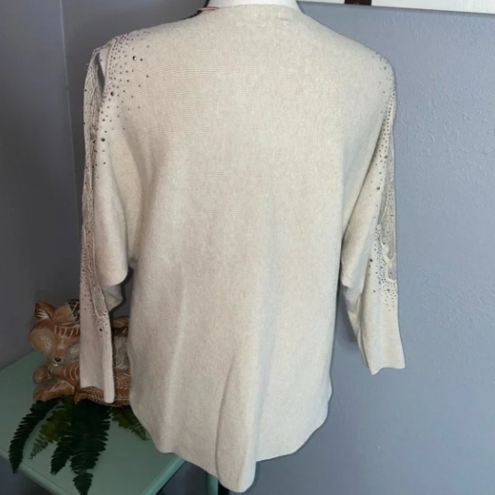 LIV MILANO Stunning Lace Rhinestone Stud Sleeves Nude Tan Size Large Sweater Top